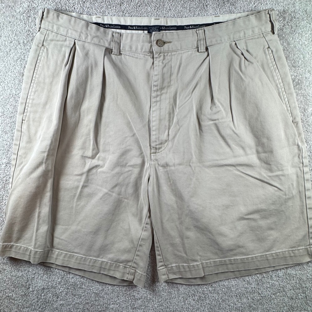 Polo Ralph Lauren Mens 38 Khaki Pleated Chino Shorts Tan Cotton 91701‎ Classic
